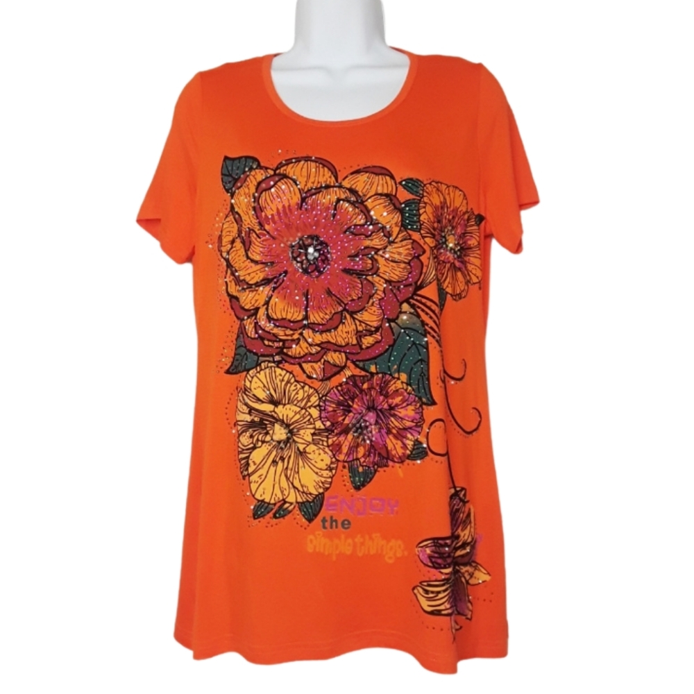 DESIGN BY CIELO Orange Rhinestone Floral Print Short Sleeve Top XXL